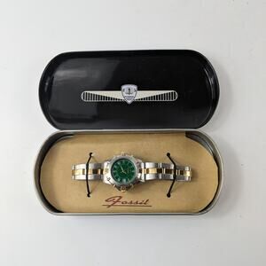 Fossil AM-2956 Womens Wrist Watch 1994 Green Silver NEEDS BATTERY Authentic Case